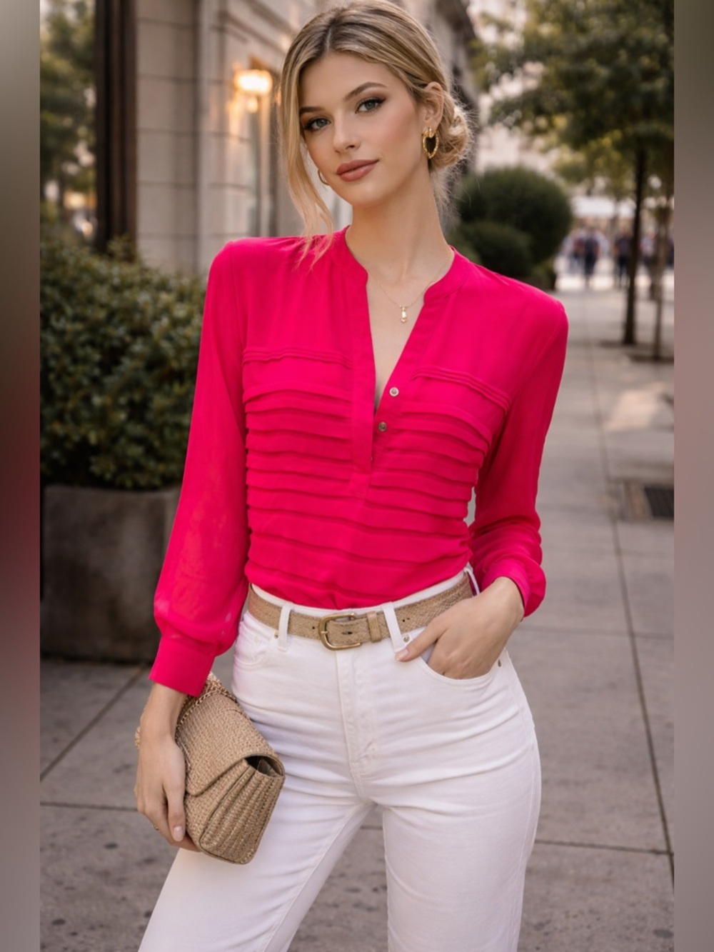 Calvin Klein Hot Pink Pleated Blouse Small NWT Sheer Sleeve Luxe Top